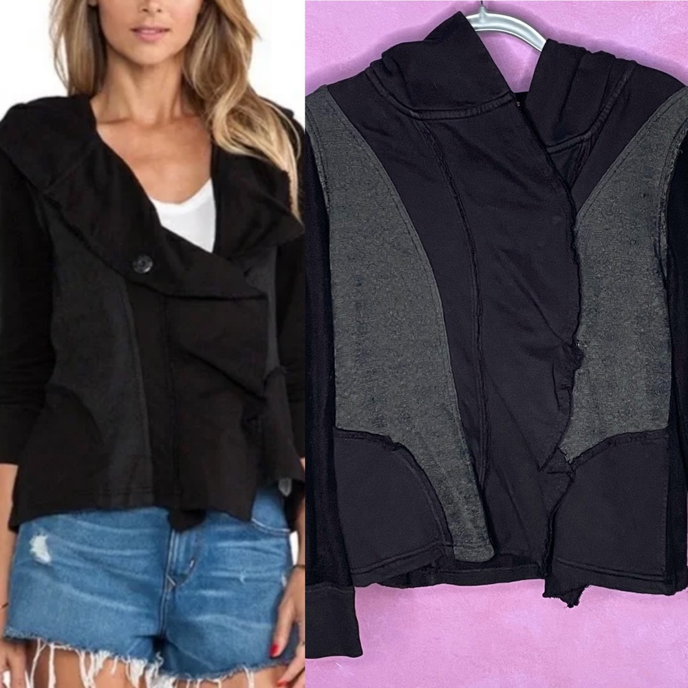 Free People Women’s Clementine Assymetrical Lace Inset Hoodie Jacket Black